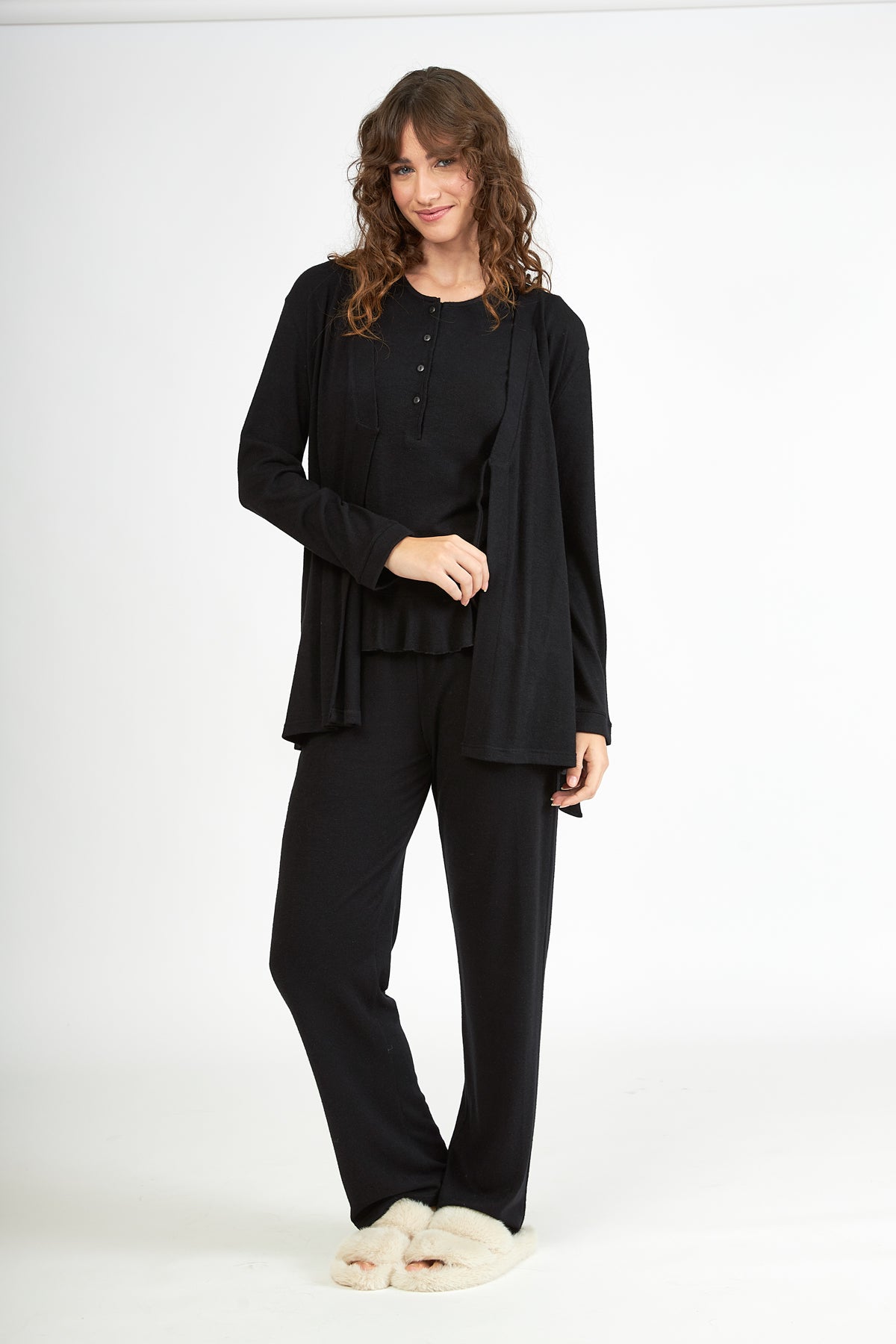 Harmony - Women's Short Knitted Wrap Robe Black