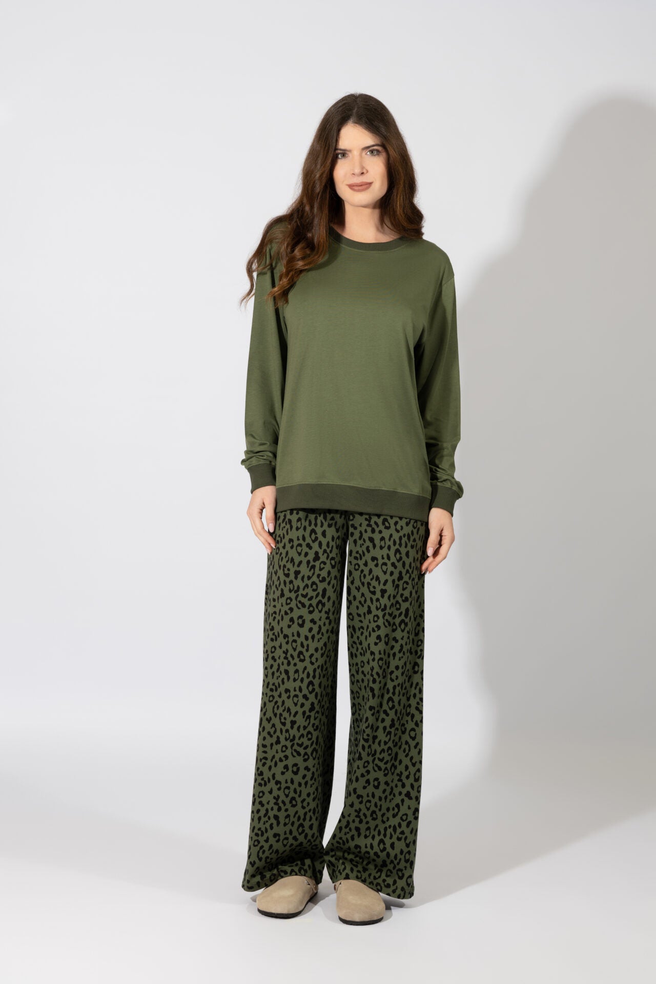 Harmony - Women's Leopard Print Cotton Pajama Pants Olive