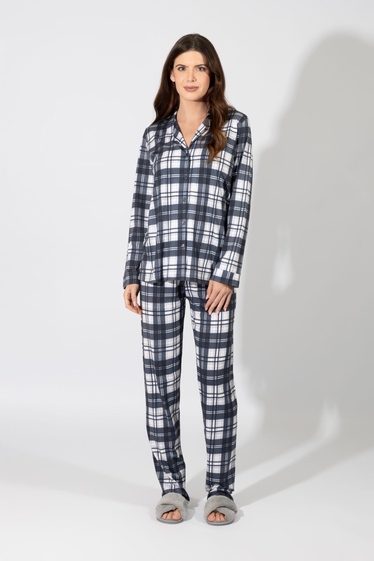Harmony - Women's Pajama Shirt Plaid Blue Cotton