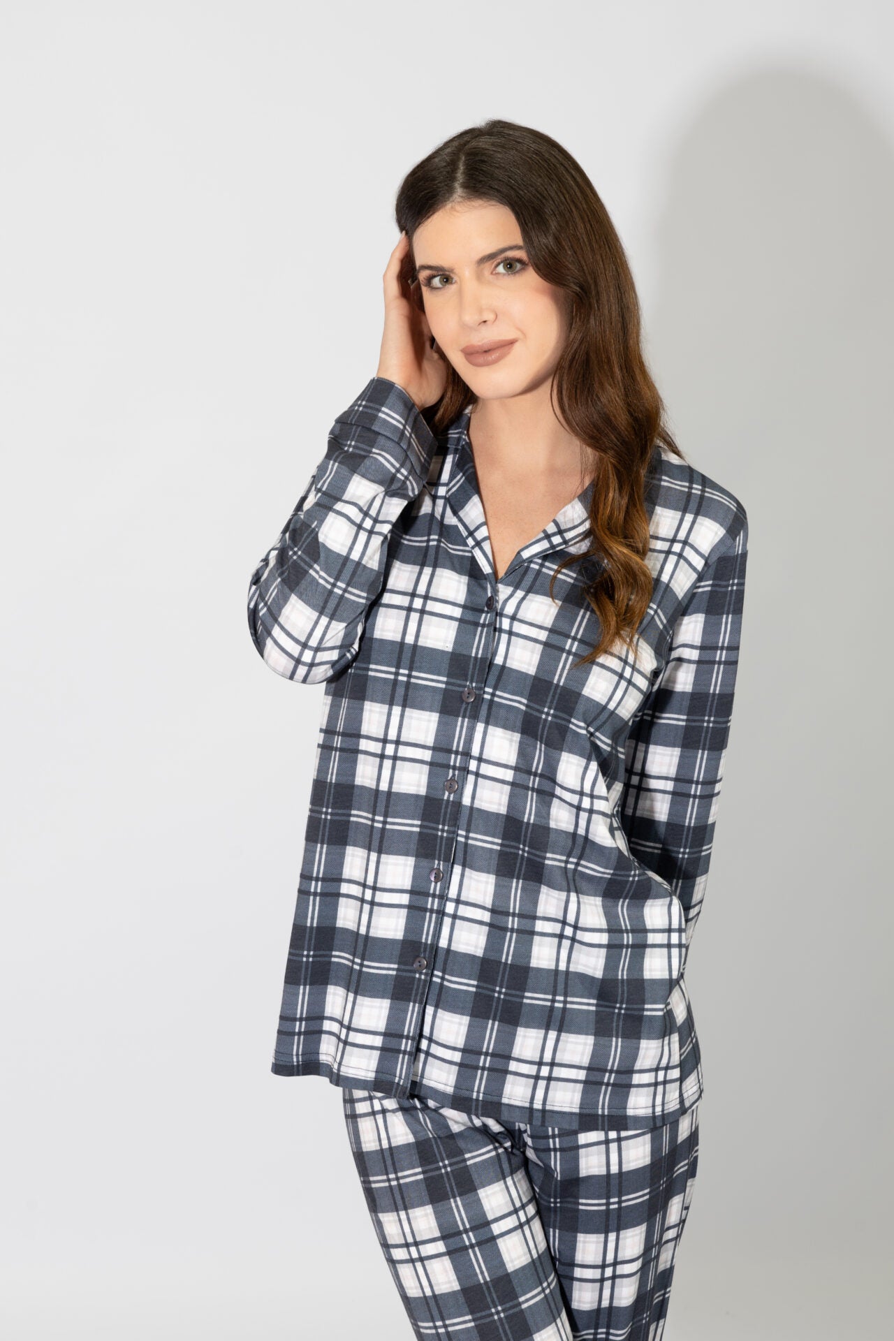 Harmony - Women's Pajama Shirt Plaid Blue Cotton