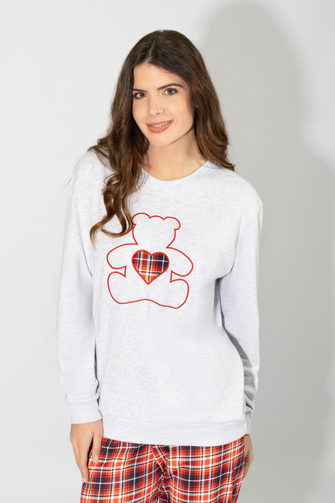 Harmony - Women's Cotton Pajamas with Teddy Bear Embroidery and Plaid Pattern