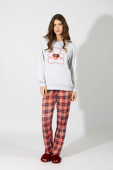 Harmony - Women's Cotton Pajamas with Teddy Bear Embroidery and Plaid Pattern
