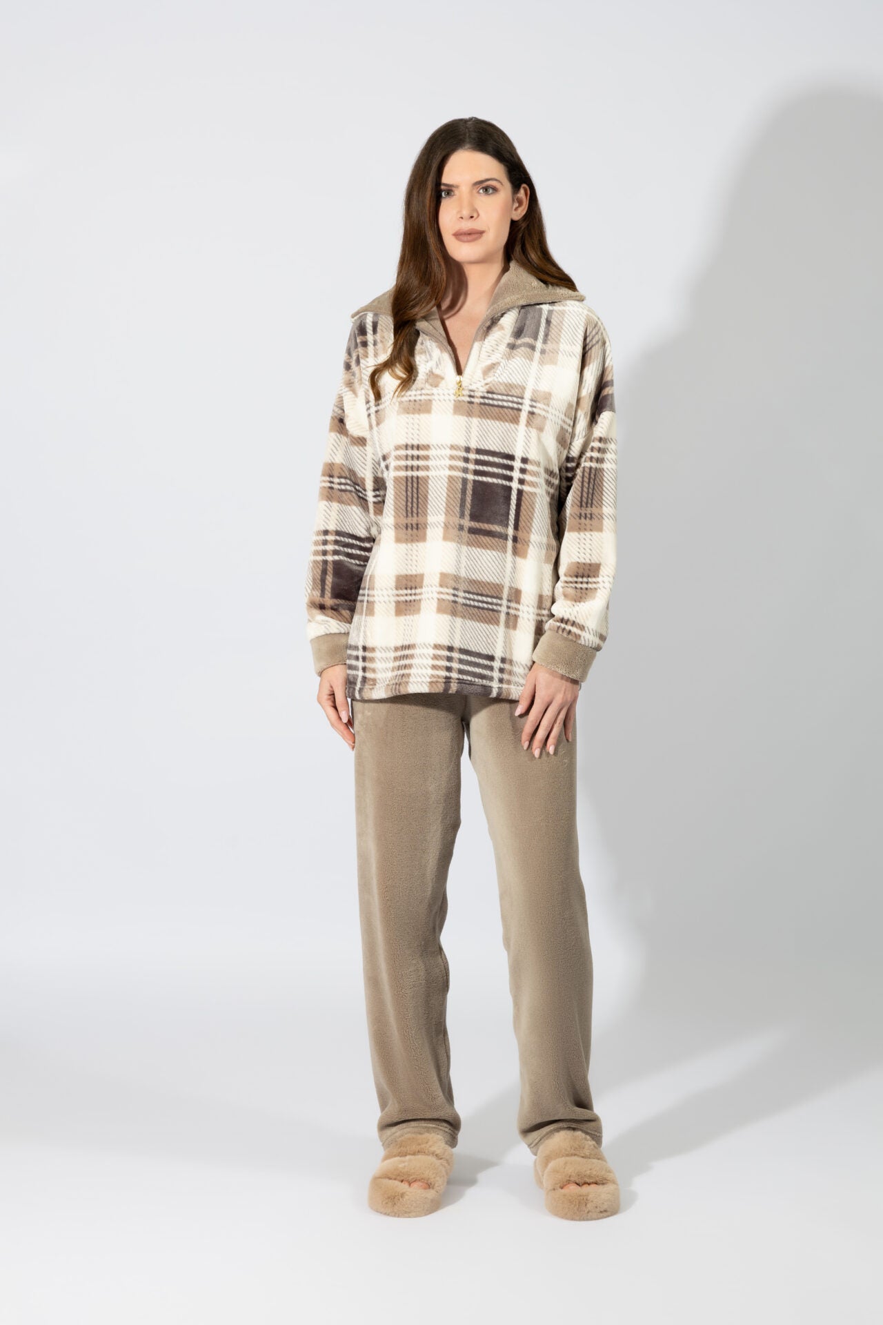 Harmony - Women's Plaid Fleece Pajamas with Collar Beige