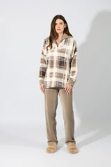 Harmony - Women's Plaid Fleece Pajamas with Collar Beige