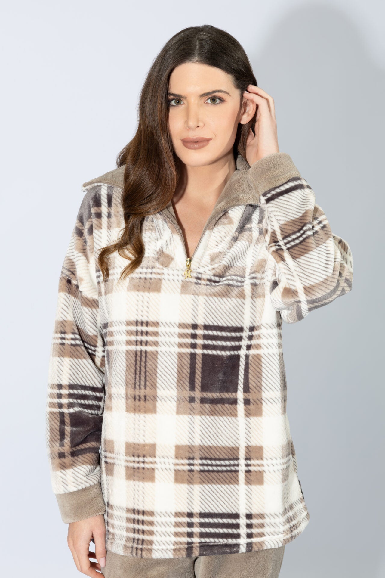 Harmony - Women's Plaid Fleece Pajamas with Collar Beige