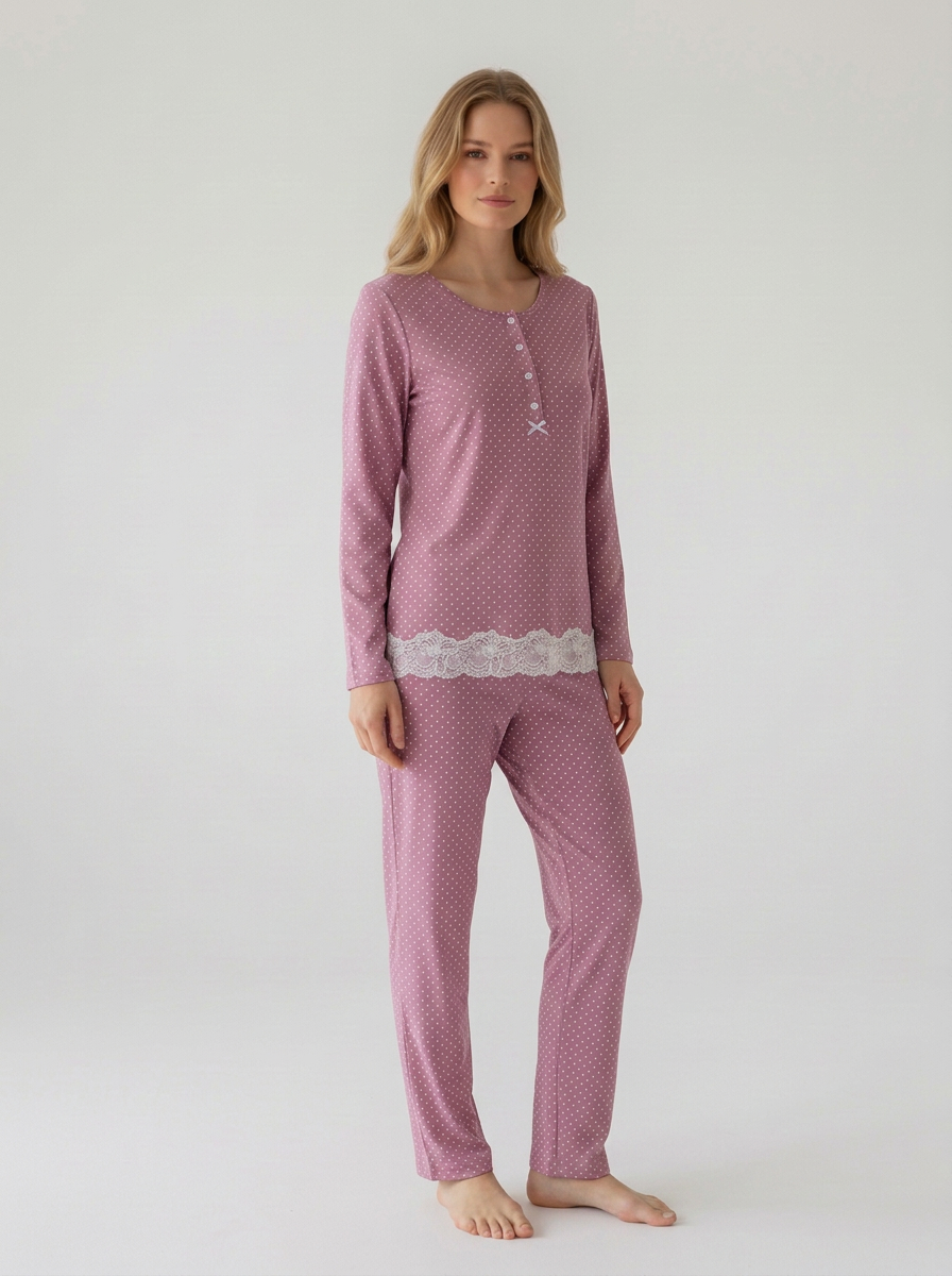 Harmony - Women's Polka Dot Modal/Cotton Pajamas with Lace & Placket
