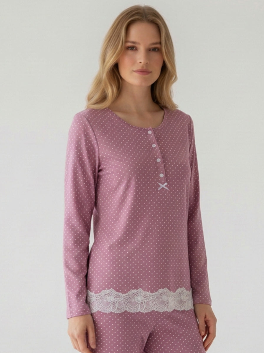 Harmony - Women's Polka Dot Modal/Cotton Pajamas with Lace & Placket
