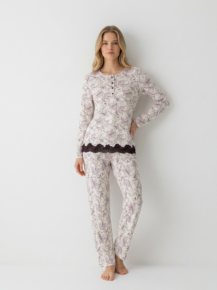 Harmony - Women's Cotton Pajamas with Button Placket & Floral Lace in Dusty Rose