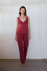 Harmony - Women's Solid Viscose/Elastane Pajama Set with Lace and Long Pants Rotten Apple