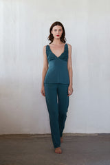 Harmony - Women's Solid Viscose/Elastane Pajamas with Lace and Long Pants Petrol