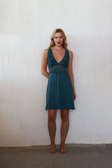 Harmony - Solid Color Viscose/Elastane Camisole Nightgown with Lace Petrol