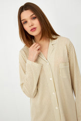 Harmony - Cottonmodal Striped Nightgown With Buttons And Collar Olive