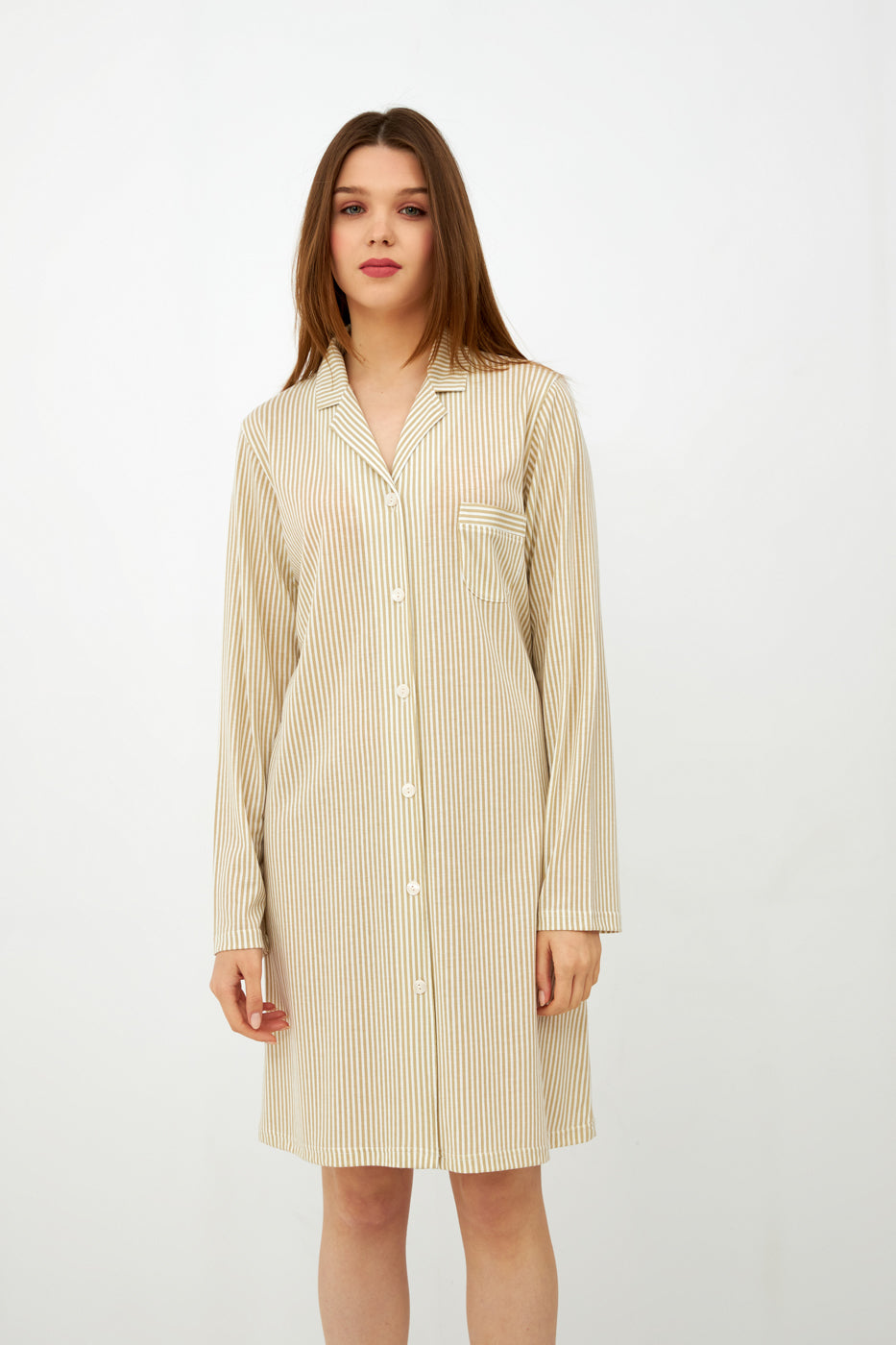 Harmony - Cottonmodal Striped Nightgown With Buttons And Collar Olive