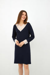 Harmony - Solid Viscose/Elastane Nightgown with V-Neck Lace Blue
