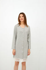 Harmony - Solid Viscose/Elastane Nightgown With Buttons And Lace Grey Mel