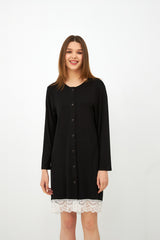 Harmony - Solid Viscose/Elastane Nightgown With Buttons And Lace Black