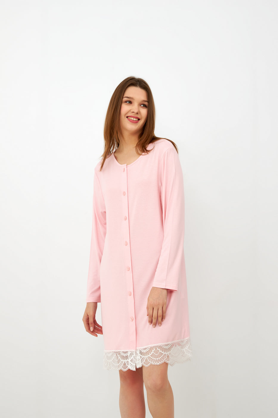 Harmony - Solid Color Viscose/Elastane Nightgown With Buttons And Lace Pink