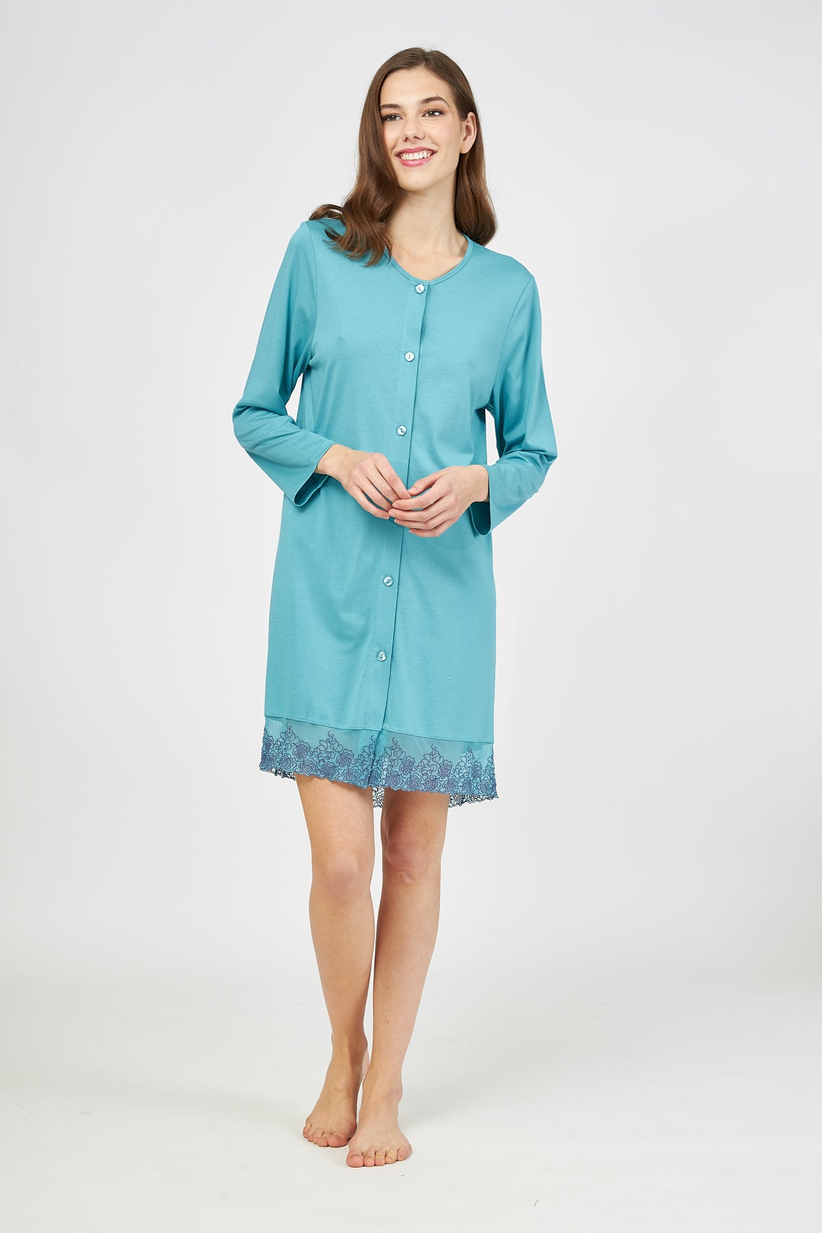Harmony - Solid Color Cotton Modal Nightgown With Buttons And Lace Petrol