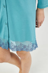 Harmony - Solid Color Cotton Modal Nightgown With Buttons And Lace Petrol