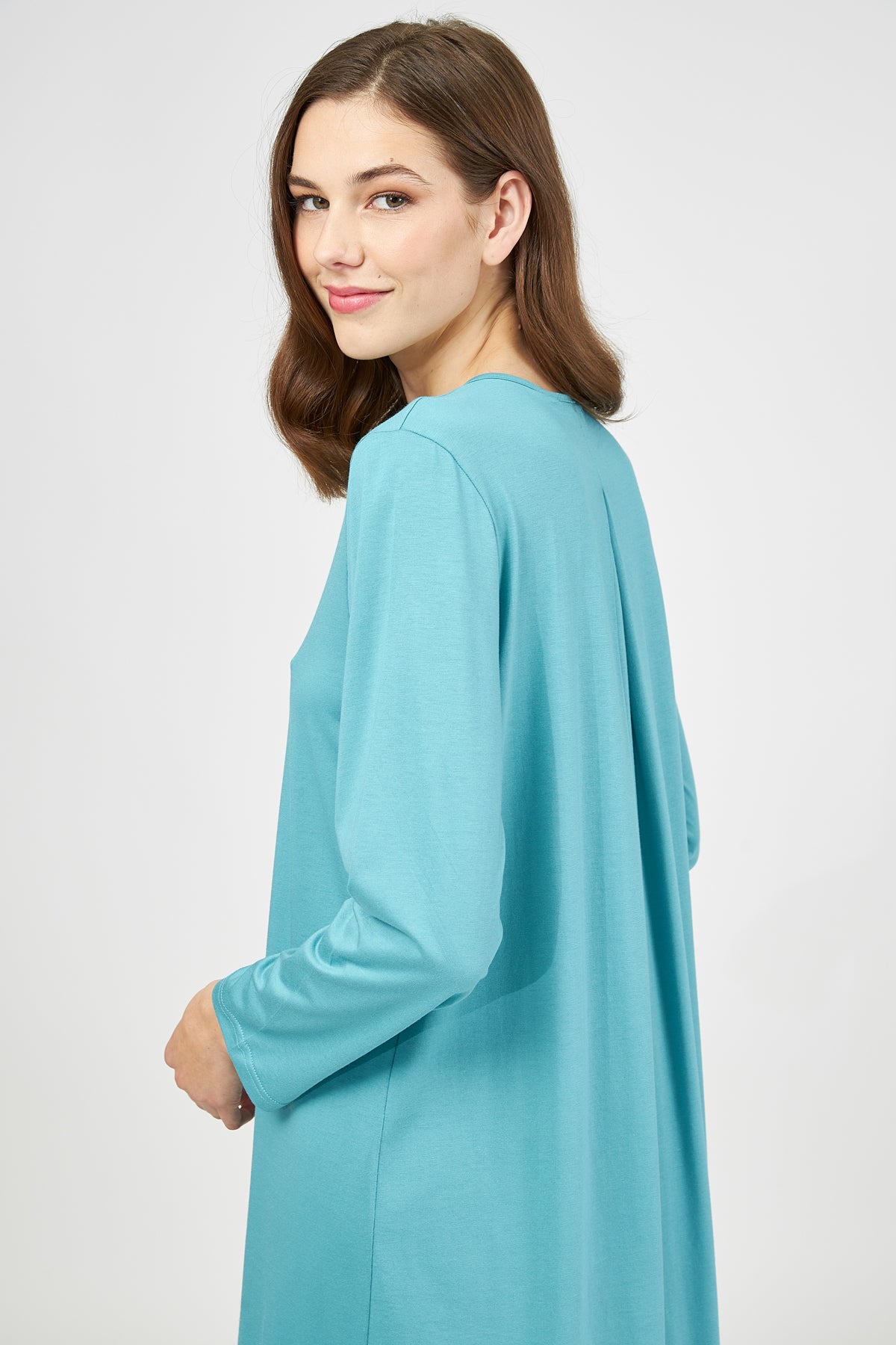 Harmony - Solid Color Cotton Modal Nightgown With Buttons And Lace Petrol