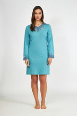 Harmony - Solid Color Cotton Modal V-Neck Nightgown with Lace Petrol