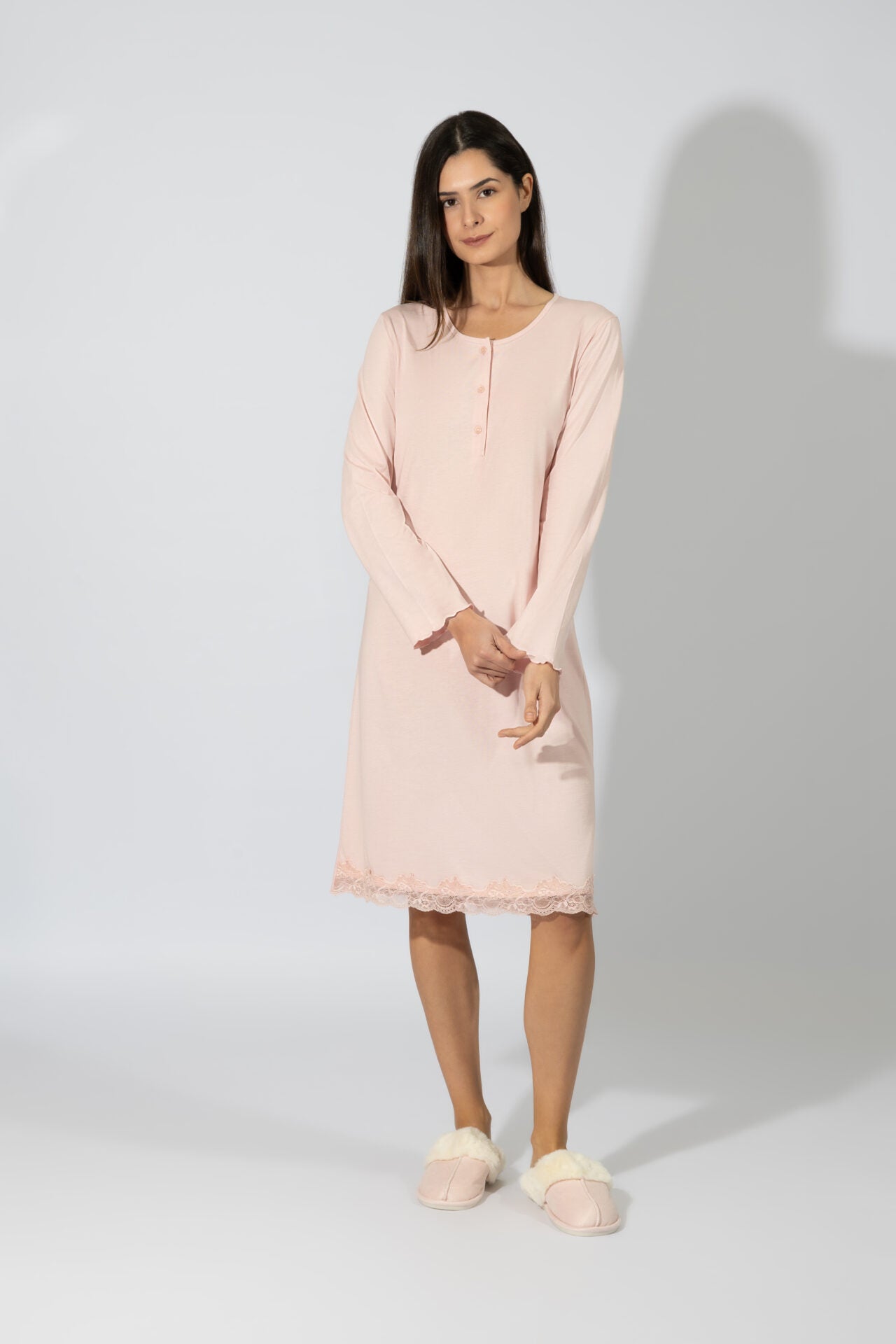 Harmony - Solid Color Nightgown with Button Placket and Lace, Cotton/Modal, Pink