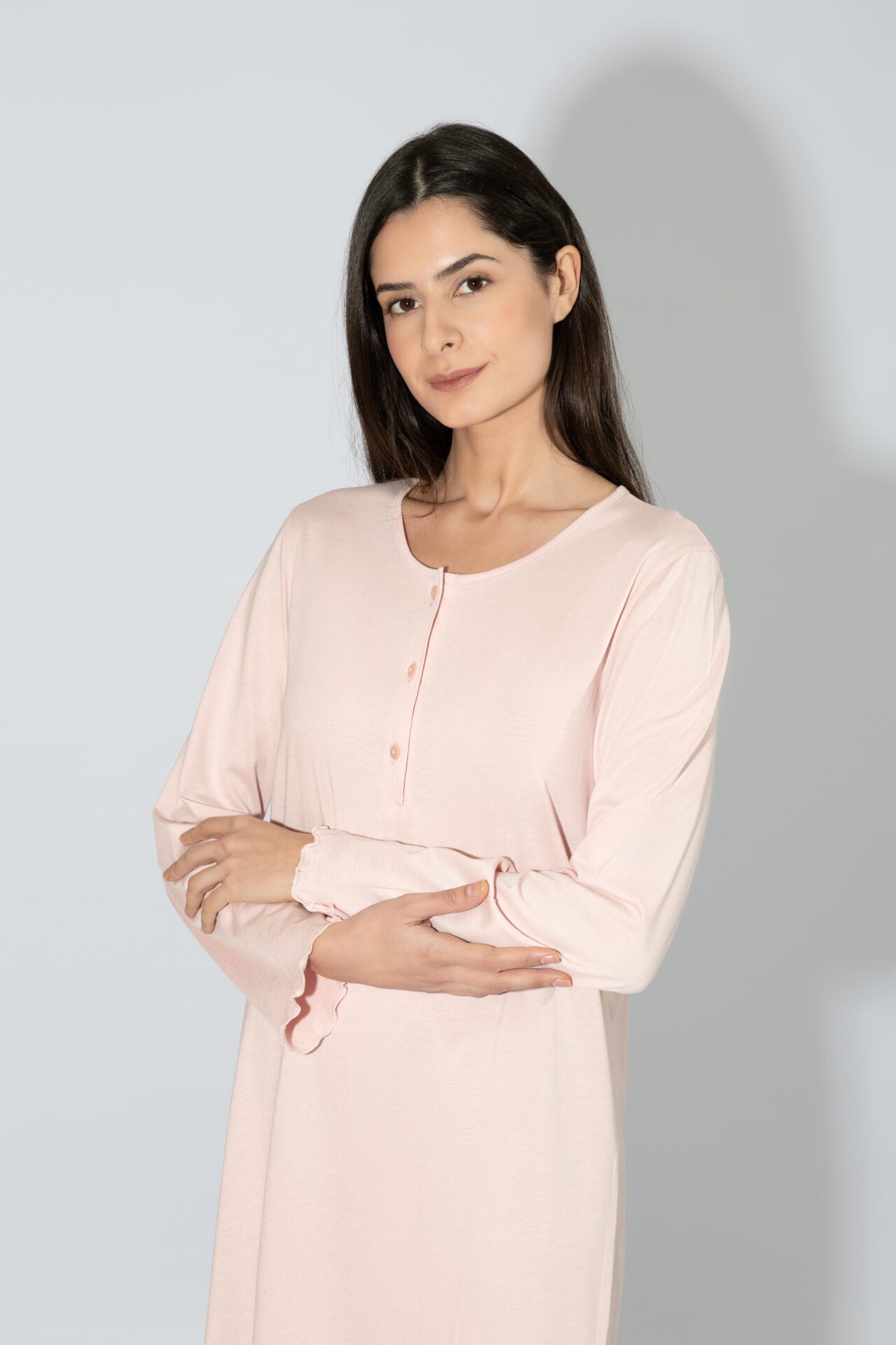 Harmony - Solid Color Nightgown with Button Placket and Lace, Cotton/Modal, Pink