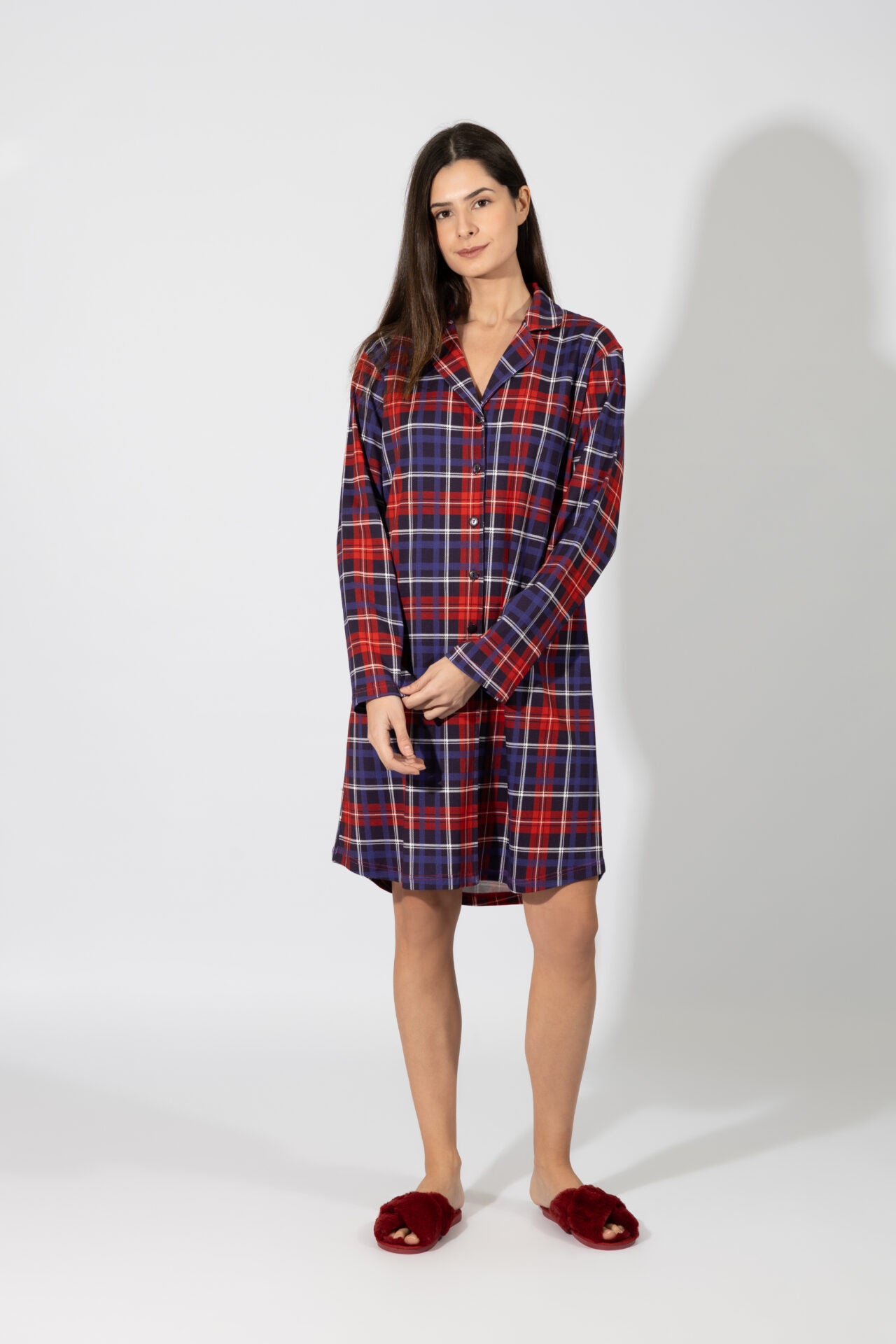 Harmony - Plaid Nightshirt Jacket Red/Blue Cotton