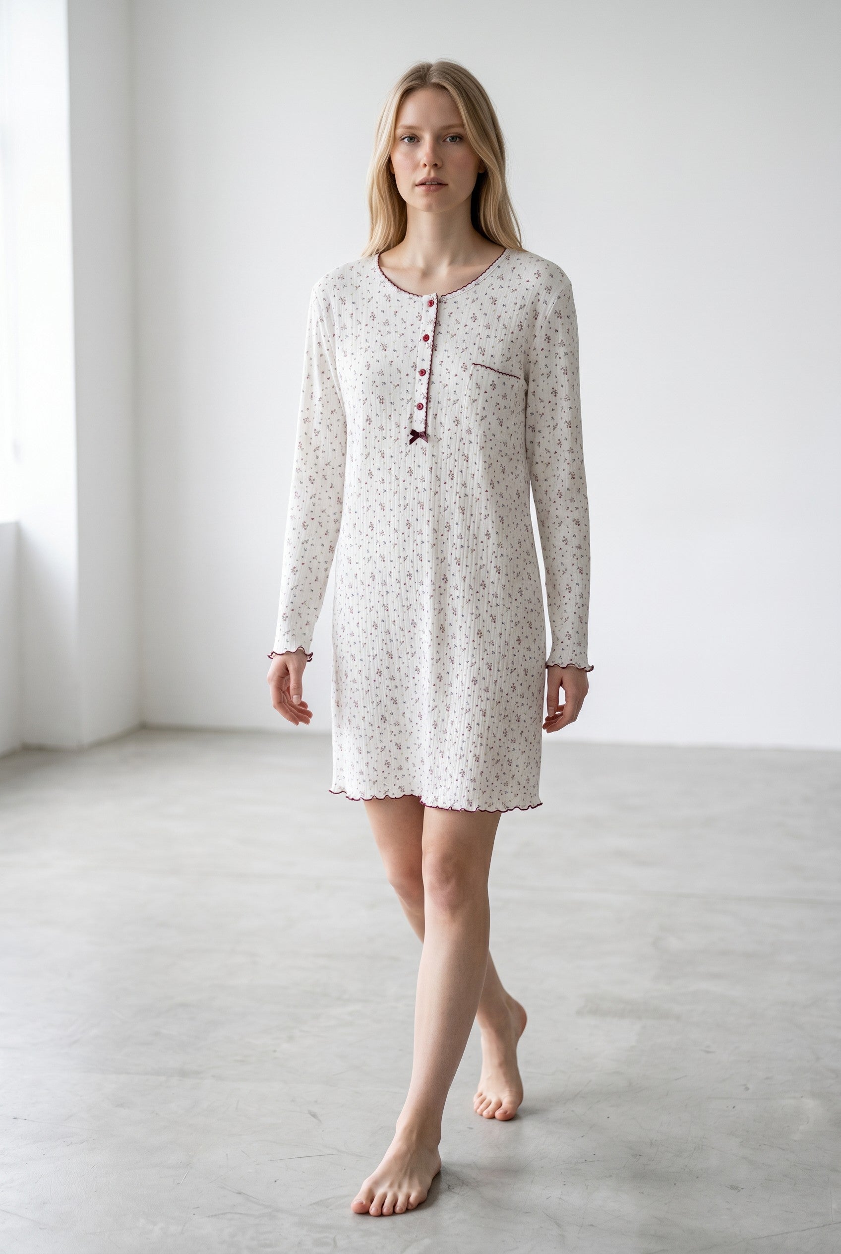 Harmony - Women's Ribbed Cotton Nightgown with Floral Print & Ecru Placket