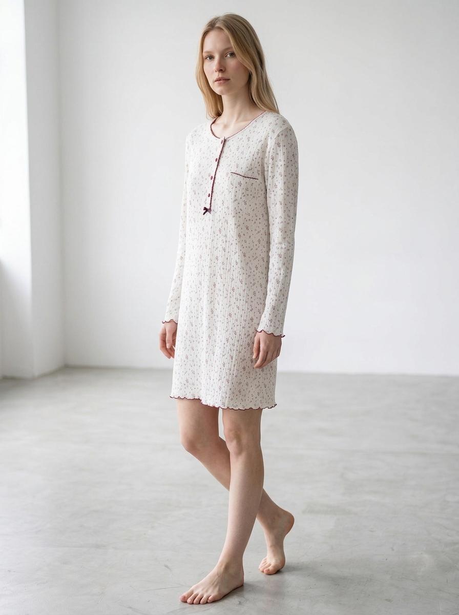 Harmony - Women's Ribbed Cotton Nightgown with Floral Print & Ecru Placket