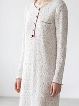 Harmony - Women's Ribbed Cotton Nightgown with Floral Print & Ecru Placket