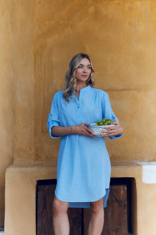 Harmony - Solid Linen Cotton Dress With Collar And Buttons Ciel