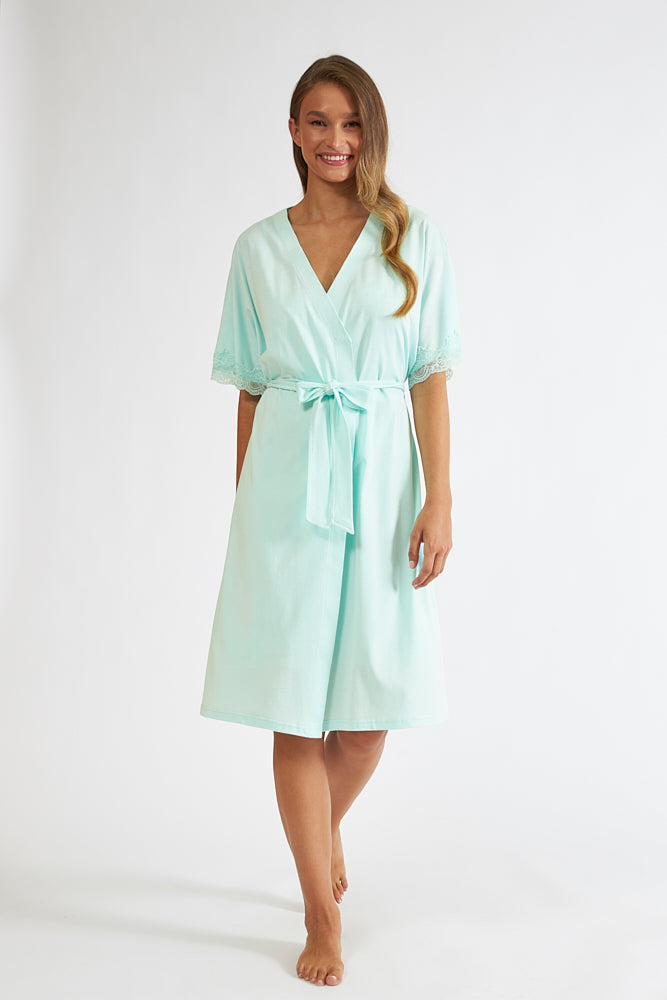 Harmony - Solid Color Wrap Robe with Lace Cotton Modal Mint