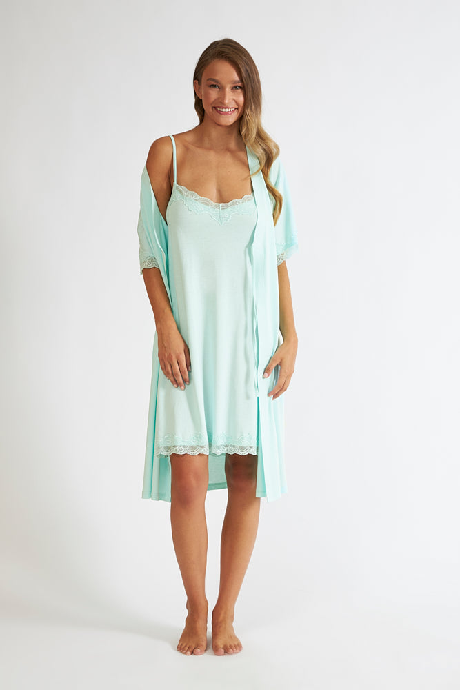 Harmony - Solid Color Wrap Robe with Lace Cotton Modal Mint
