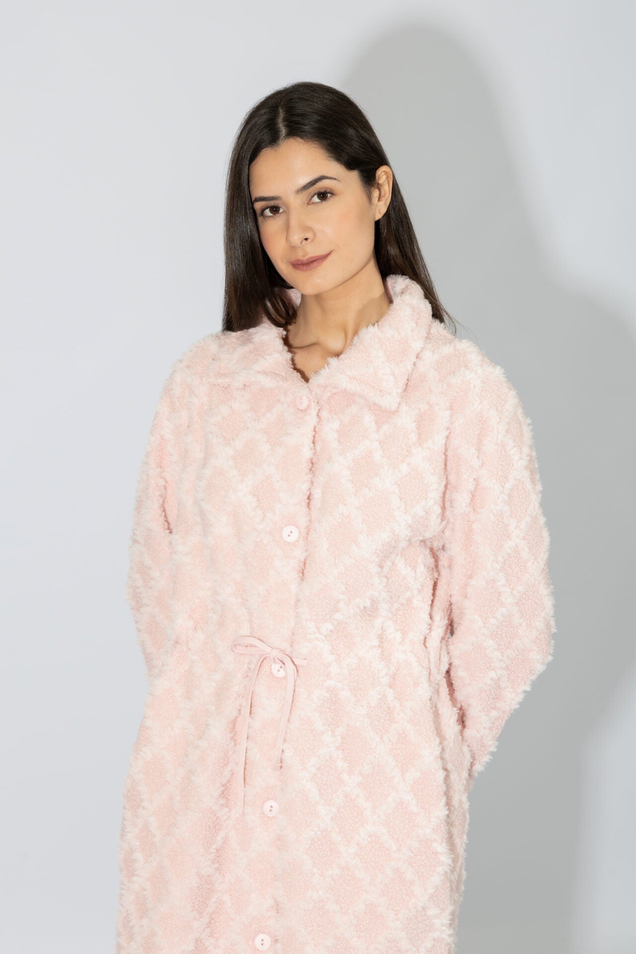 Harmony - Fleece Jacquard Midi Robe with Buttons Pink