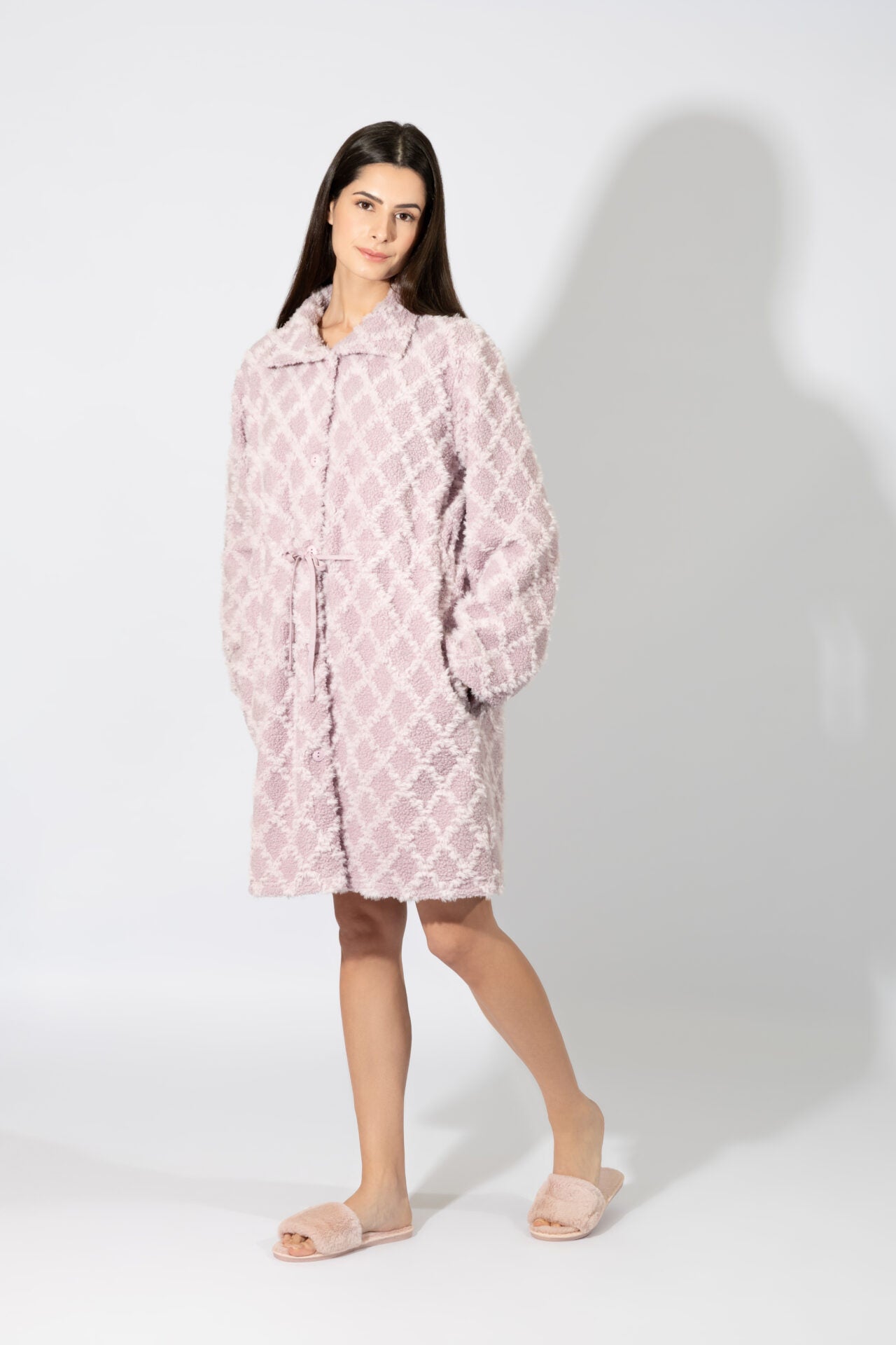 Harmony - Fleece Jacquard Midi Robe with Buttons Lilac