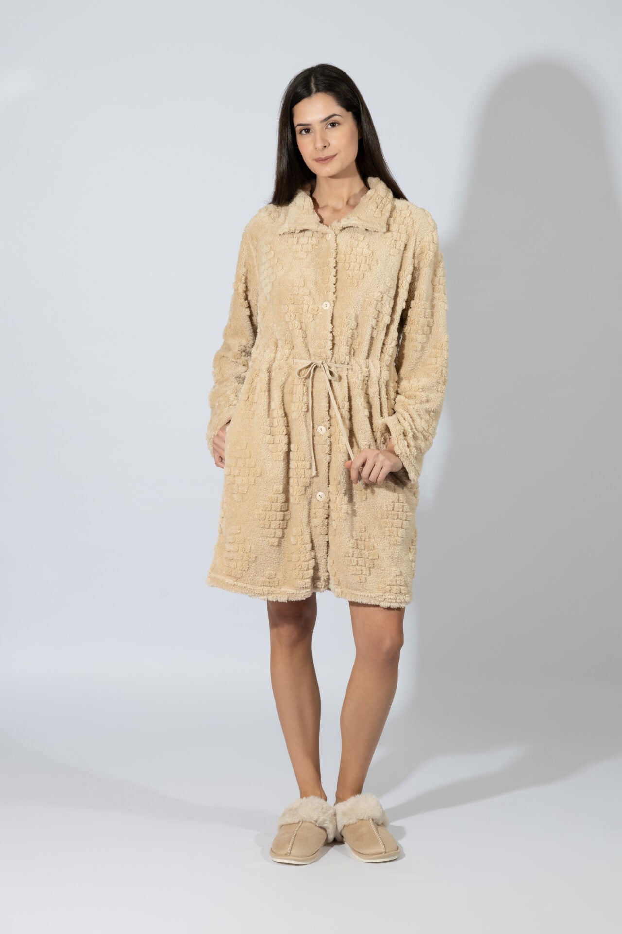 Harmony - Fleece Jacquard Midi Robe with Buttons Beige