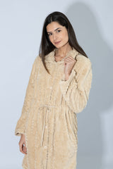 Harmony - Fleece Jacquard Midi Robe with Buttons Beige