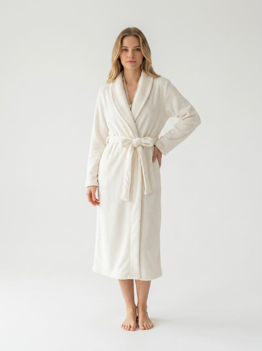 Harmony - Γυναικεία Ρόμπα Fleece Maxi Σταυρωτή Off White