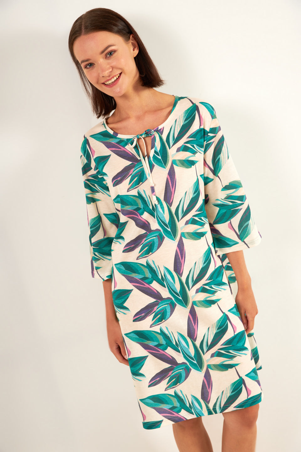 Harmony - Printed Cotton Dress with Sleeves Green
