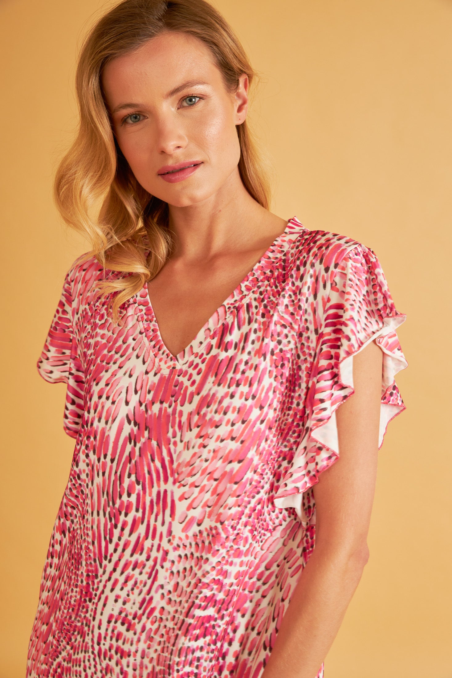Harmony - Printed Polyester/Elastane Short Ruffled Dress Fuchsia