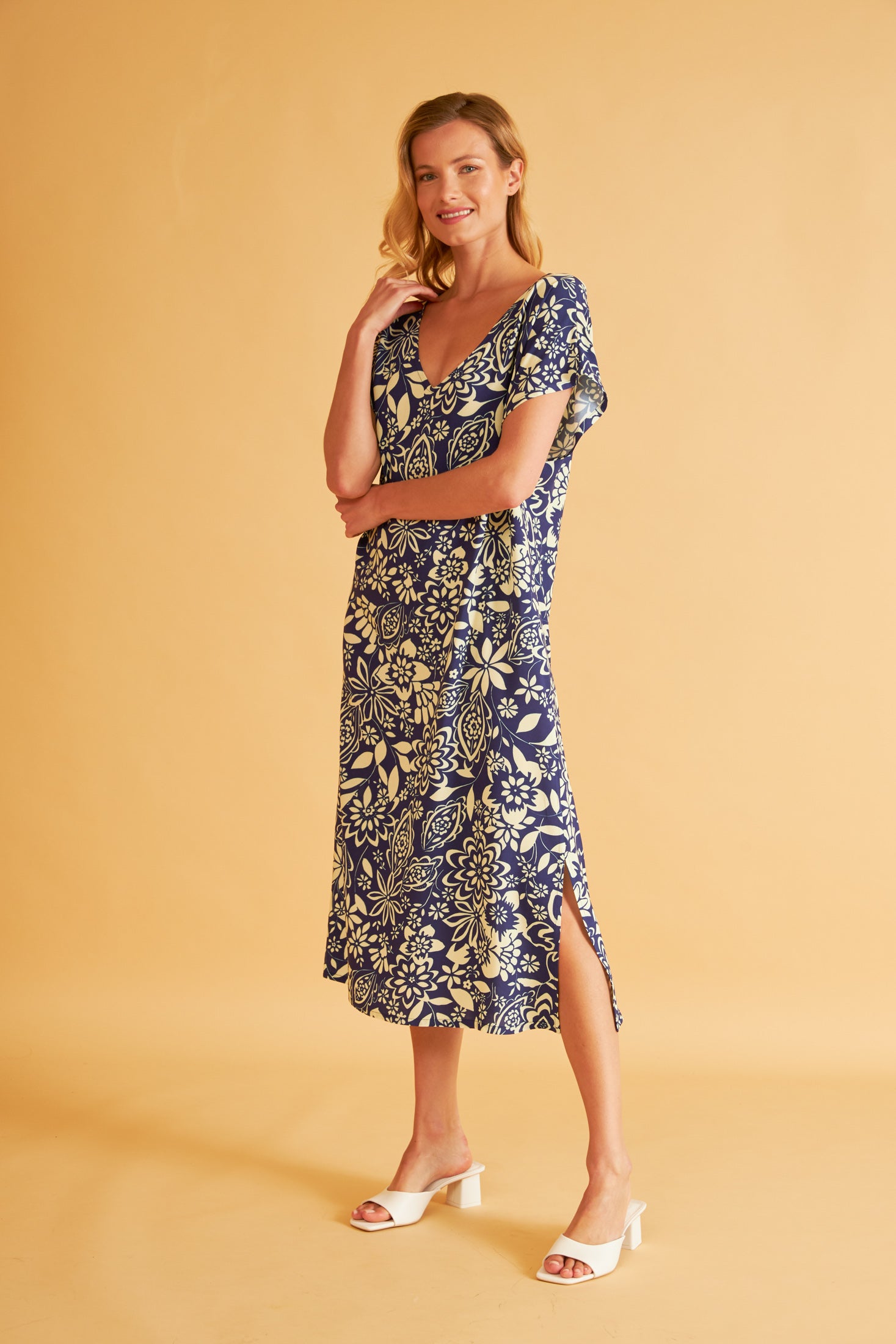 Harmony - Printed Viscose Midi Dress with Dolman Sleeves