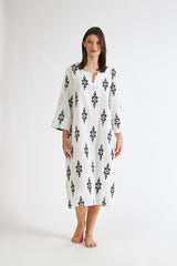 Harmony - Printed Linen Viscose Midi Dress with V-Neck Black