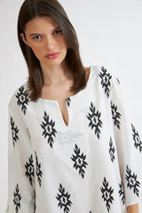 Harmony - Printed Linen Viscose Midi Dress with V-Neck Black