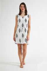 Harmony - Sleeveless Short Printed Linen Viscose Dress with Tie Black