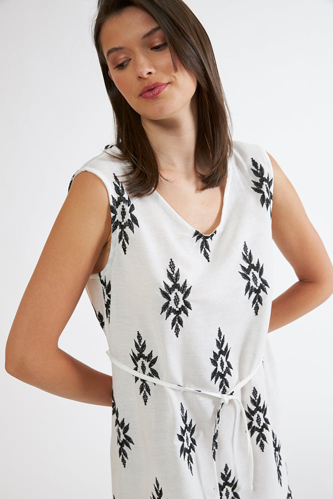 Harmony - Sleeveless Short Printed Linen Viscose Dress with Tie Black