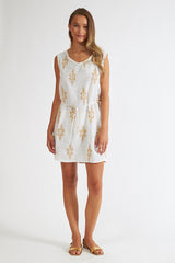 Harmony - Sleeveless Short Printed Linen Viscose Dress With Gold Tie
