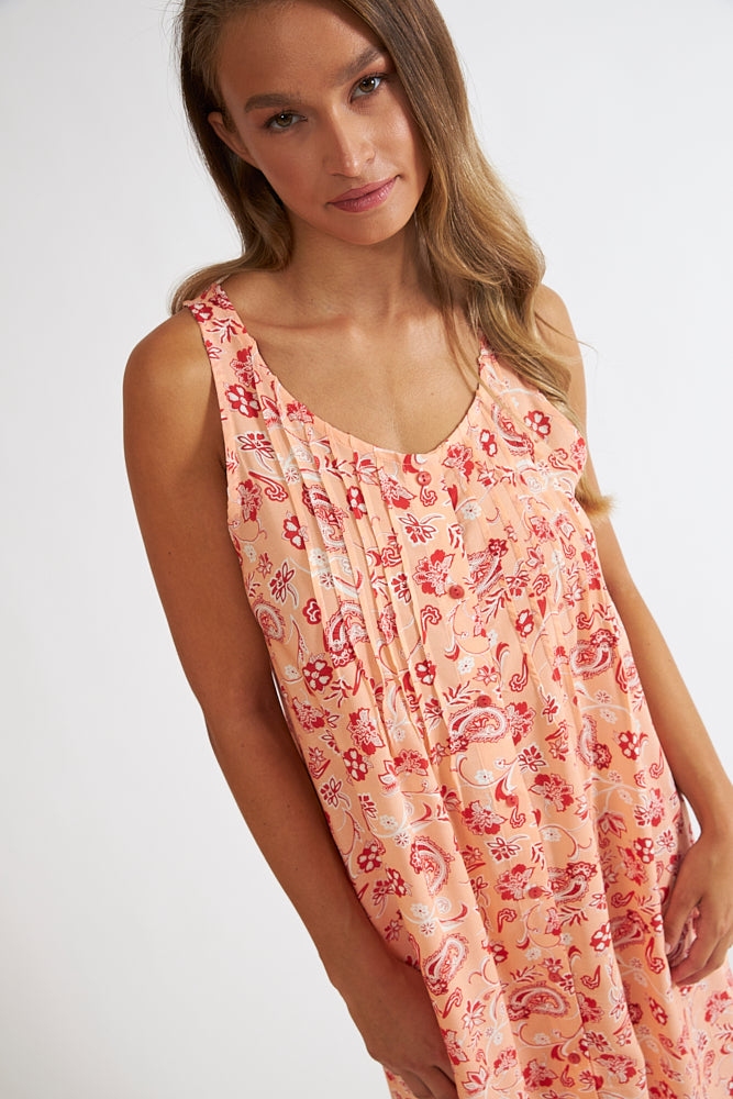 Harmony - Printed Sleeveless Dress With Buttons And Pintucks