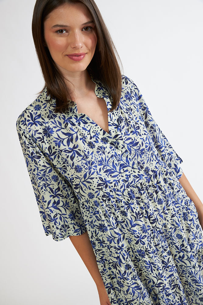 Harmony - Printed Dress with Buttoned Sleeves and Ruffles