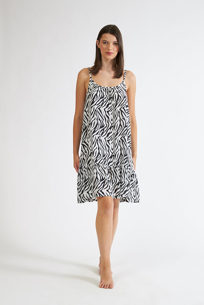 Harmony - Zebra Viscose Strap Dress With Ruffle